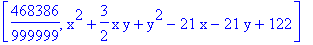 [468386/999999, x^2+3/2*x*y+y^2-21*x-21*y+122]